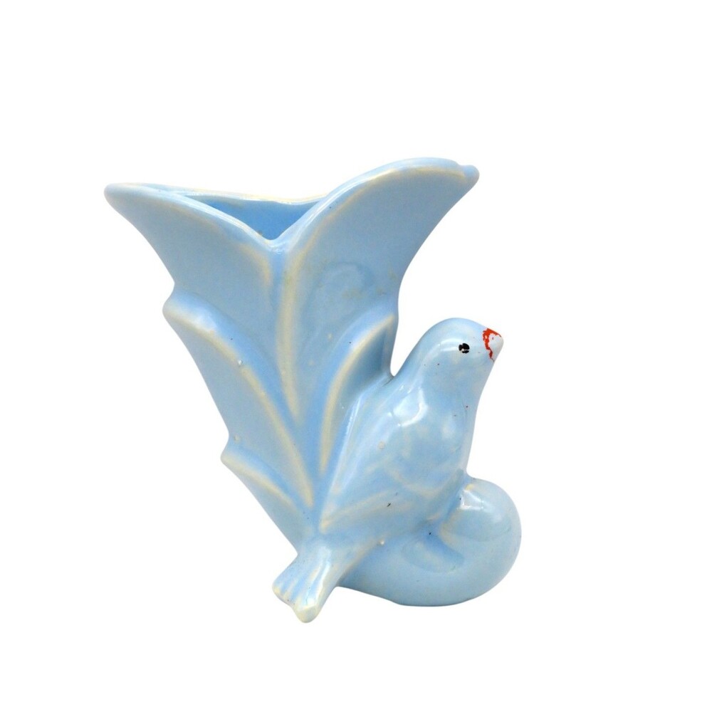 Vintage Shawnee Pottery Blue Bird Cornucopia Wall Pocket Vase Mid-Century Blue